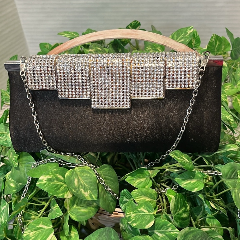 Charming Charlie Black Clutch Evening Bag With Metal- Crystal Top Embellishments